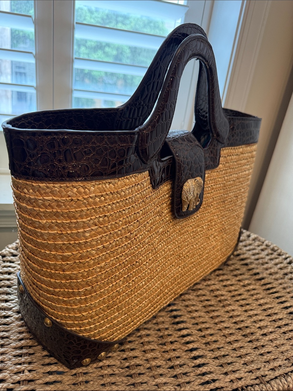 Woven Straw Tote with Dark Brown Croc-Effect Trim and Elephant Accent - Picture 7 of 7
